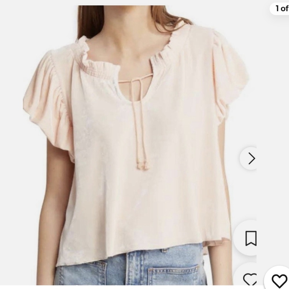 Free People Pale Blush Tie Neck Ruffled Sleeve Top